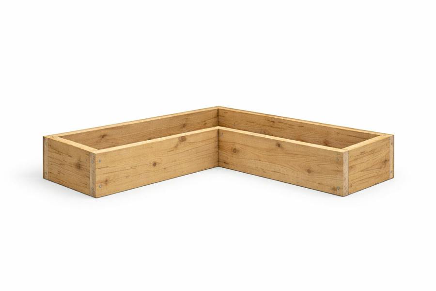 Large rough sawn wooden corner garden trough planter for flowers or vegetable planting