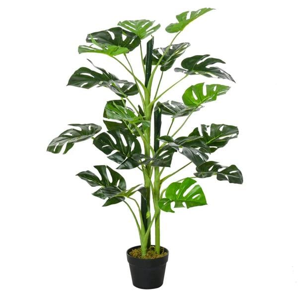Artificial monstera tree with green leaves in a black nursery pot