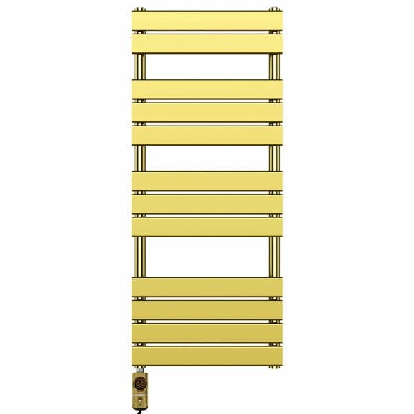 MYHOMEWARE 500 mm x 1200 mm Flat Electric Panel Shiny Gold Heated Bathroom Towel Rail Radiator Pre-Filled AF Thermostatic