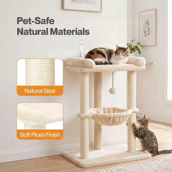 Skylos Cat Tree Tower Bed with Hammock Ball Scratching Post Large Perch Beige