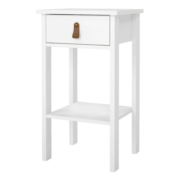 Wyld Haus Wildberry Matt White Wooden Bedside Table with 1 Drawer Bottom Shelf Leather Handles