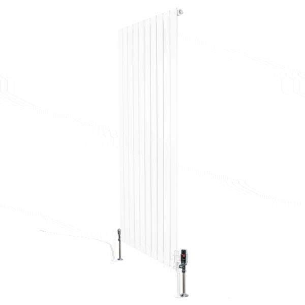 Flat single column radiator in white, measuring 1600mm x 700mm, featuring sleek vertical lines and modern valves for efficient heating