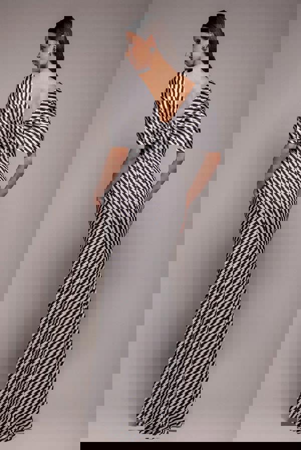 Stripe Off Shoulder Bow Back Satin Bow Maxi Dress - Black White DR5080