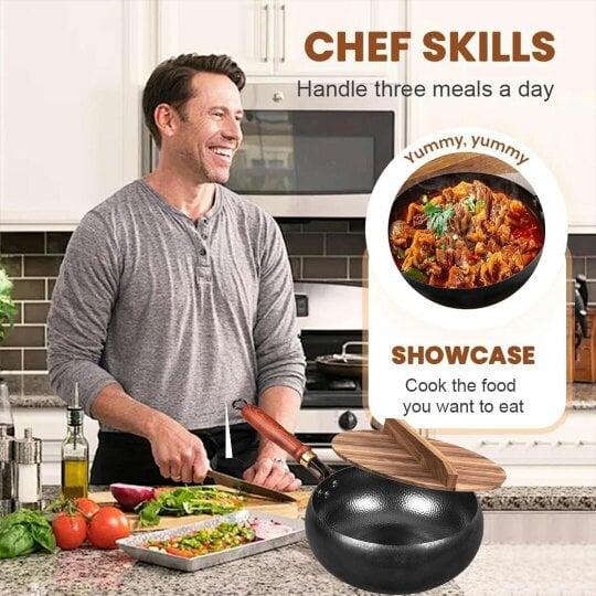 Havendro Uncoated Cast Iron Pot Wok Wooden Lid Handle Anti-Splatter Pan Soup Stock Pots