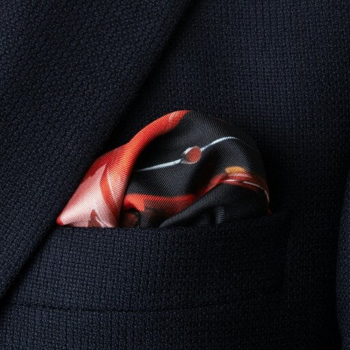 Otway & Orford 'Redlining Rush' sports car silk pocket square in red & grey (42 x 42cm)