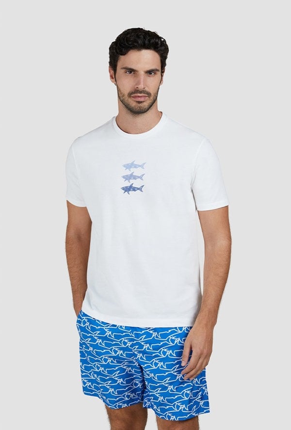 Paul & Shark Men's Cotton Jersey T-Shirt with Sharks Print - White