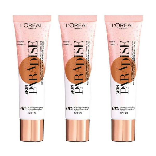 3 x L'Oreal Paris Skin Paradise Tinted Water Moisturiser Spf 20 30ml - 01 Deep