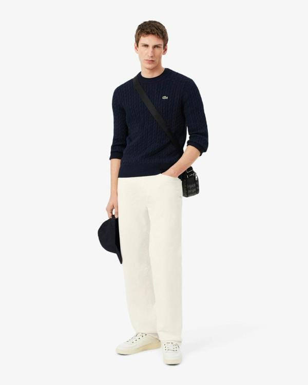 Lacoste Cable Knit Mens Cotton Jumper - Navy Blue/Green 802