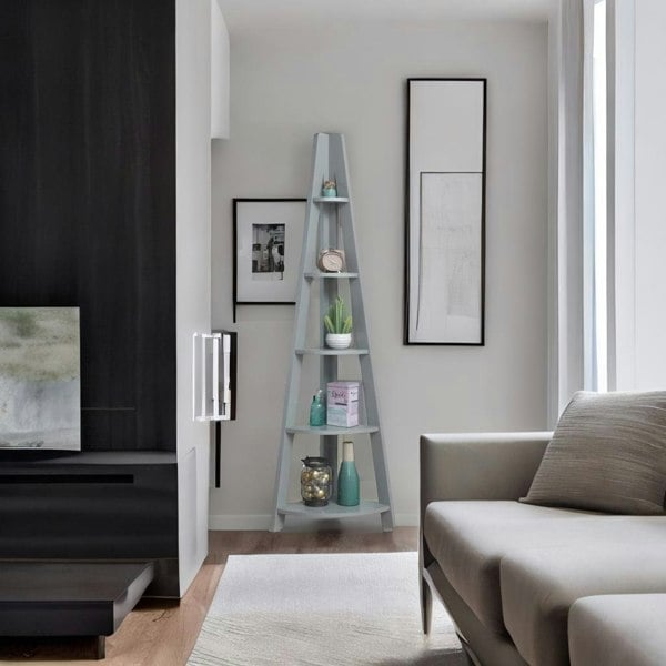 Modcraft 5 Tier Ladder Bookcase – Retro Wooden Corner Shelving Unit | Grey Scandinavian Style