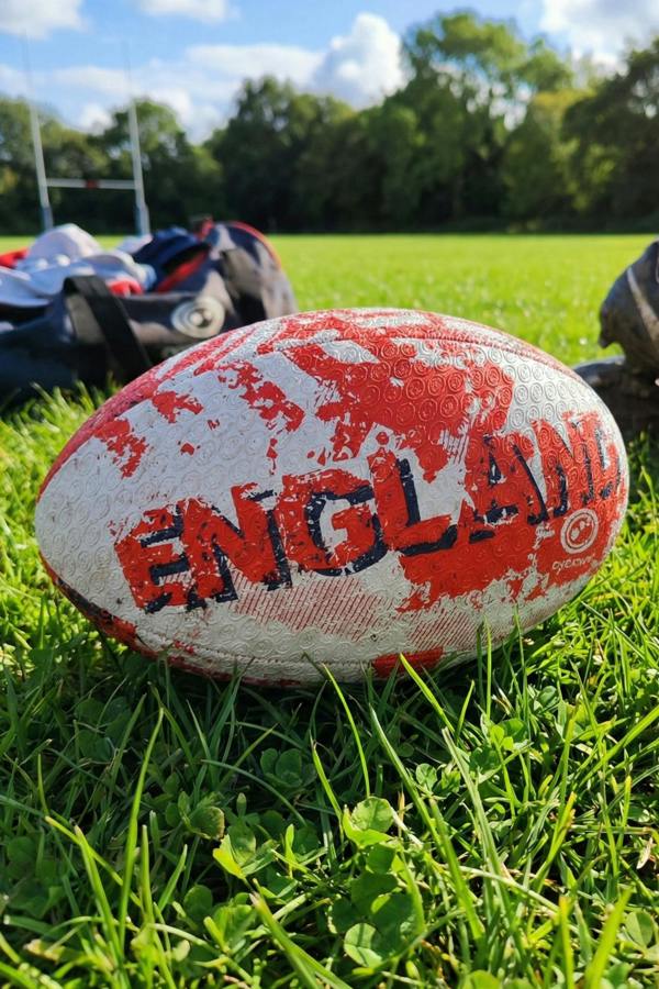 White and red Optimum England rugby ball with ENGLAND print on grass by rugby posts and trees - Optimum