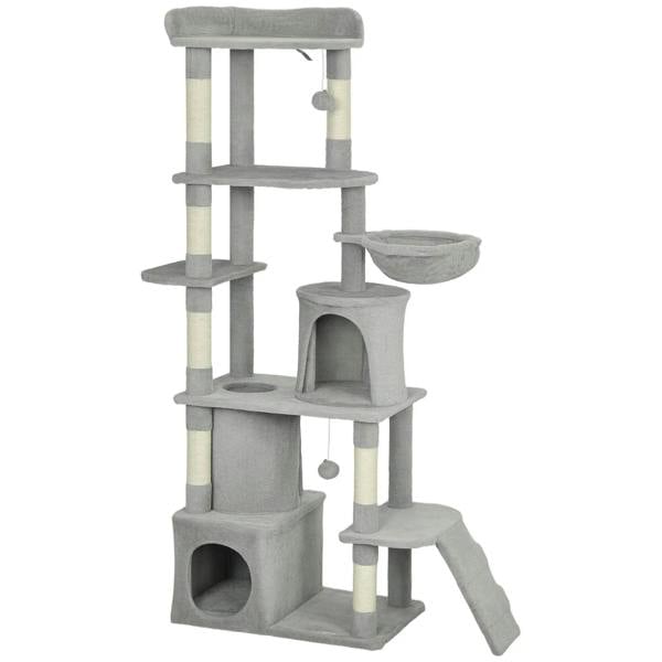 Light grey cat tree with multiple platforms, 7 scratching posts, 2 condos, hammock