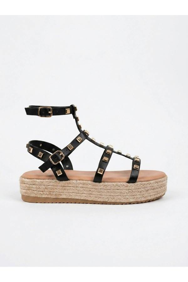 Wendy Studded Gladiator Flatform Espadrille Sandals - Black
