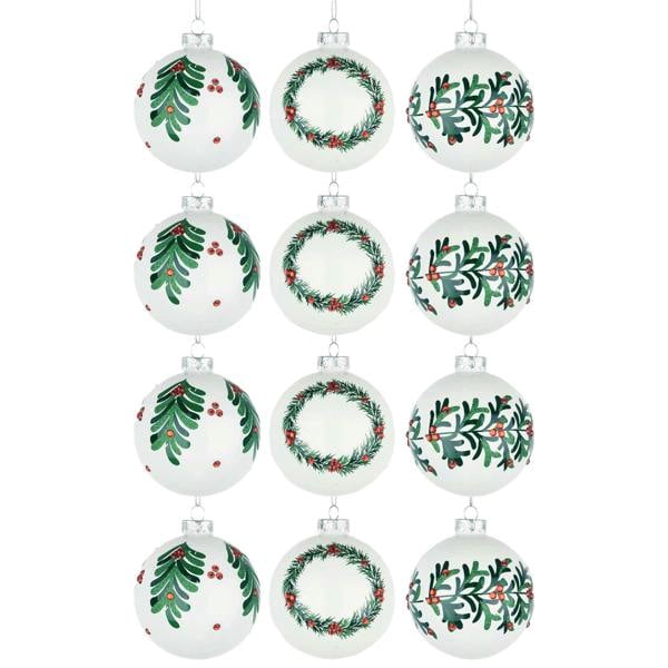 8cm Christmas Glass Baubles, 12 Pack White Hanging Tree Ornaments with Assorted Designs image 5
