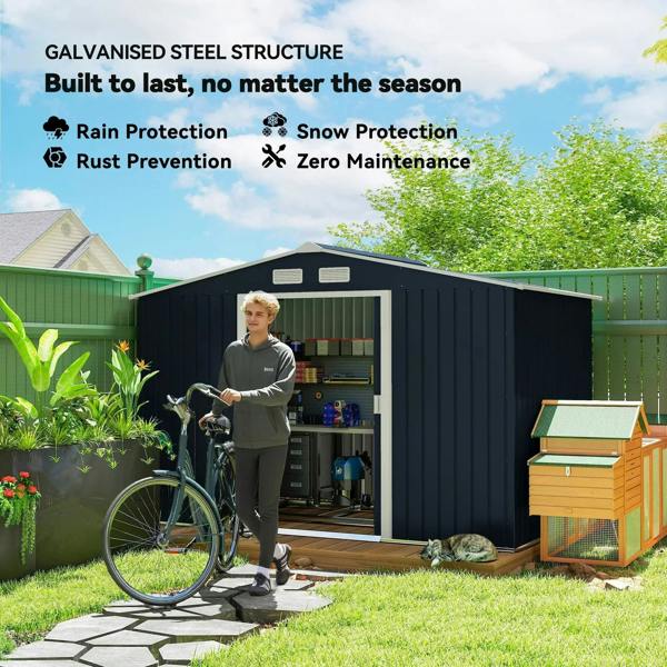 Dark grey metal bicycle shed with double doors open and tools inside