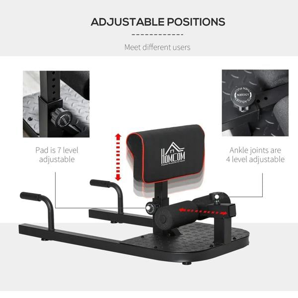 Black adjustable hip thrust bench with cushioned pad and ankle joint supports