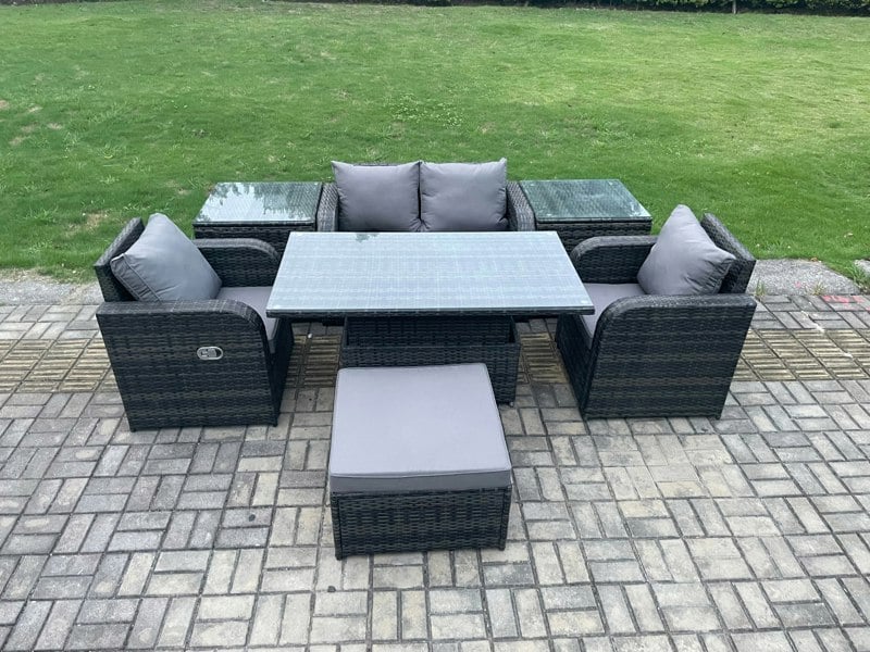 Fimous Outdoor Rattan Furniture Garden Dining Set Height Adjustable Rising lifting Table Love Sofa Chair With 2 Side Tables Big Footstool