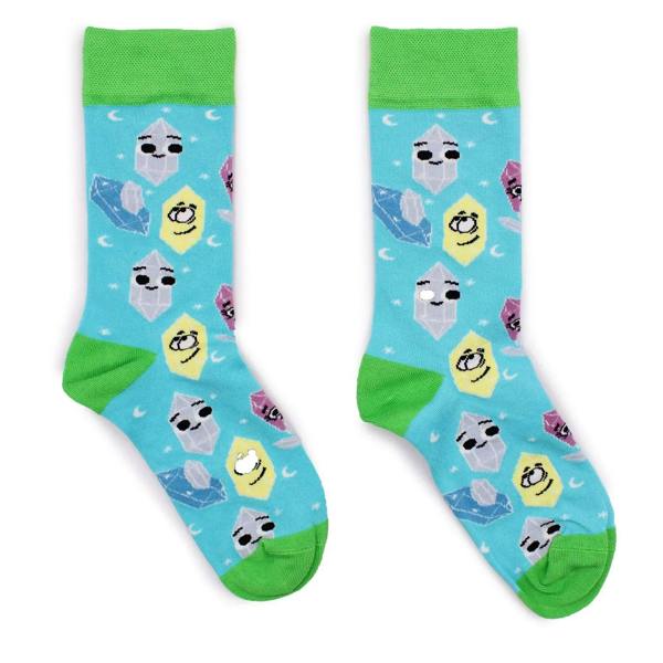 Hop Hare bamboo crew socks in turquoise with green cuffs and gemstone character prints