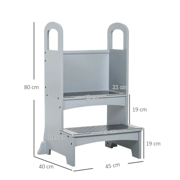 Grey wooden step stool with two steps and curved side handles