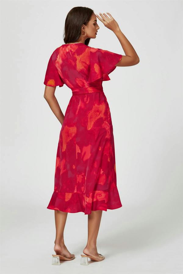 FS Collection Abstract Print Angel Sleeve Wrap Midi Dress In Red