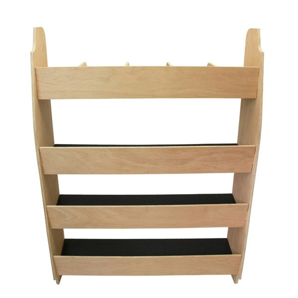 Ford Transit Custom toolbox van racking in natural wood finish with four shelves and textured black rubber mats for grip