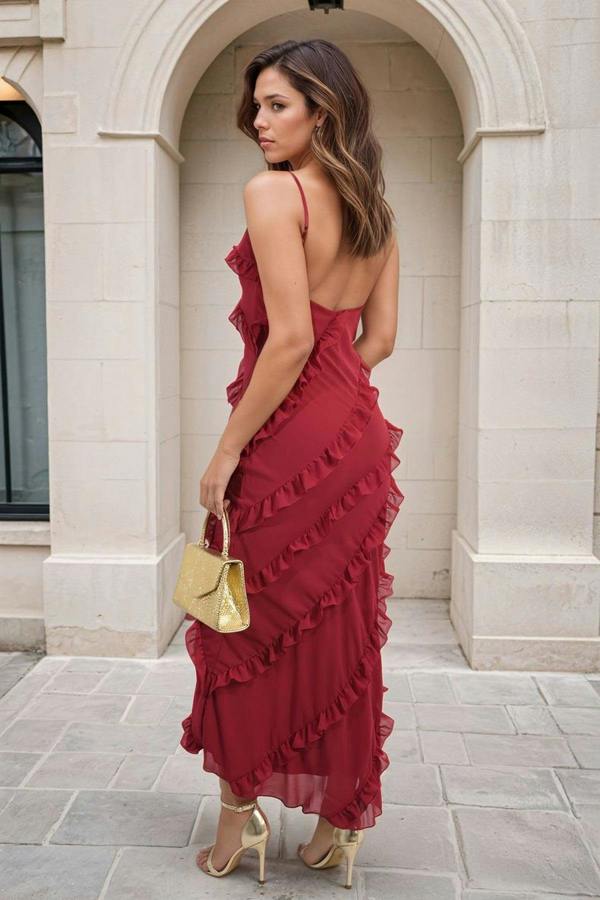 Gracie V-neck Tiered Ruffle Backless Maxi Dress - Cherry Red