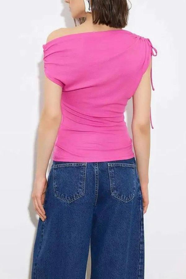 WOVCOR Regular Asymmetrical Collar Gathered Soft Knit Blouse
