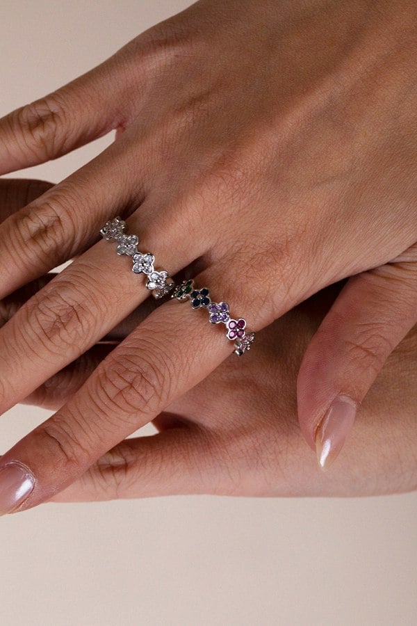 SVNX Diamante Clover Ring in Multi Silver Colour