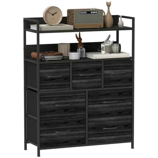 Black rustic chest of seven fabric drawers with top open shelf and two-row drawer fronts