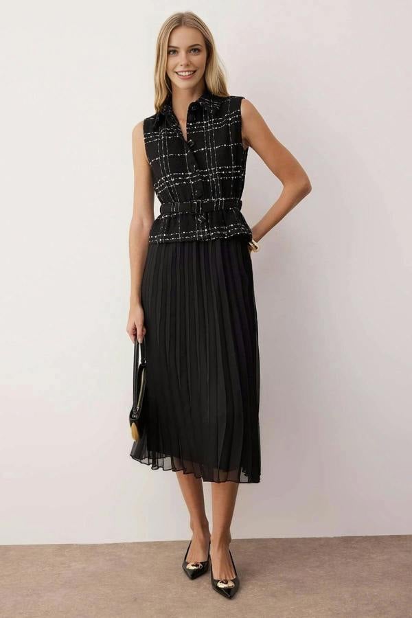 WOVCOR Tweed Belted Pleated Midi Woven Dress