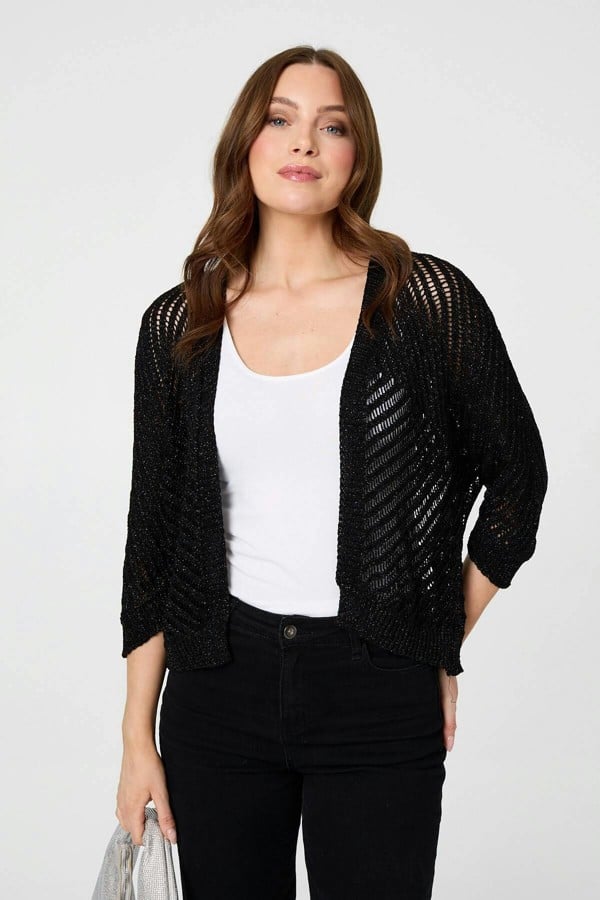 Izabel London Chevron Texture Mesh 1/2 Sleeve Cardigan - Black