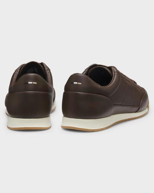 BOSS Orange Nitan Mens Leather Trainers with Foil Logo - Dark Brown 201 | CHO | Designer Mens Trainers