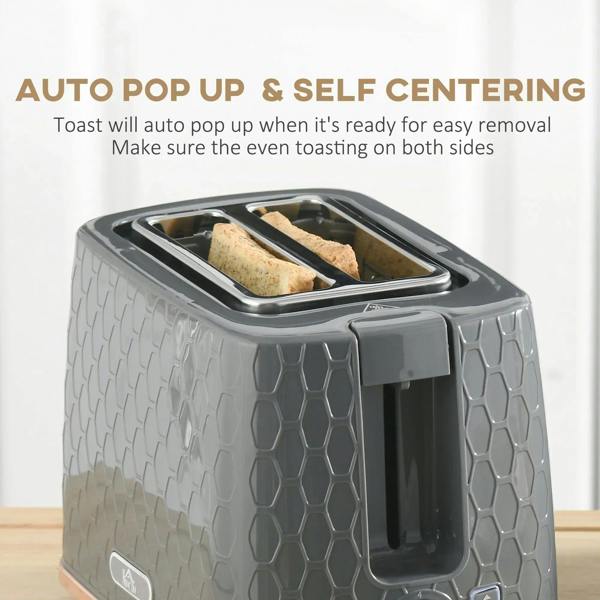 Grey 2-slice toaster with bread in slots and self-centering open top