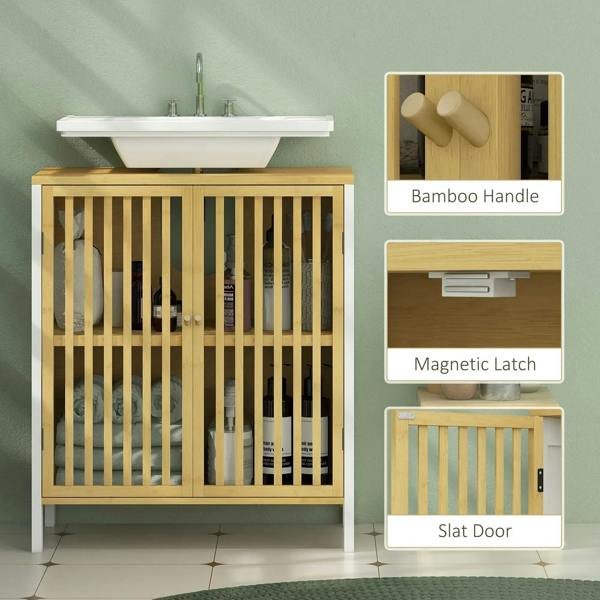 Under-sink cabinet with bamboo slat door, white sides, and bamboo handle detail