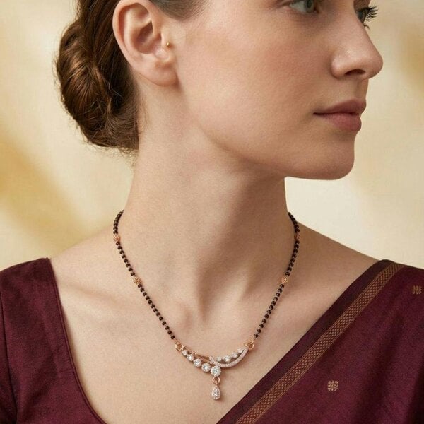 The Colourful Aura Rose Gold Plated CZ Crystal Floral Sweep Mangalsutra Black Bead Necklace 18 Inch