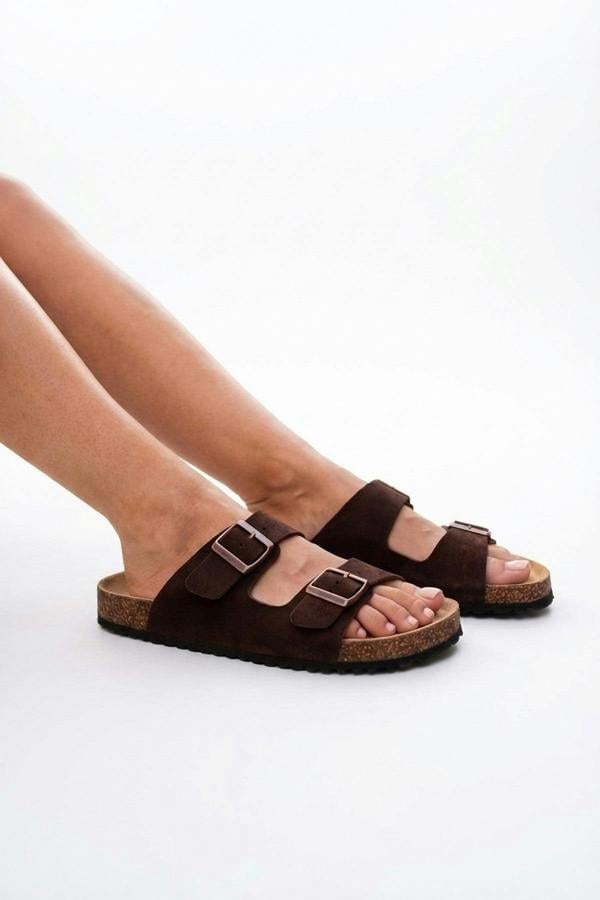 Harper Womens Double Buckle Cork Slide Sandals - BROWN_wb