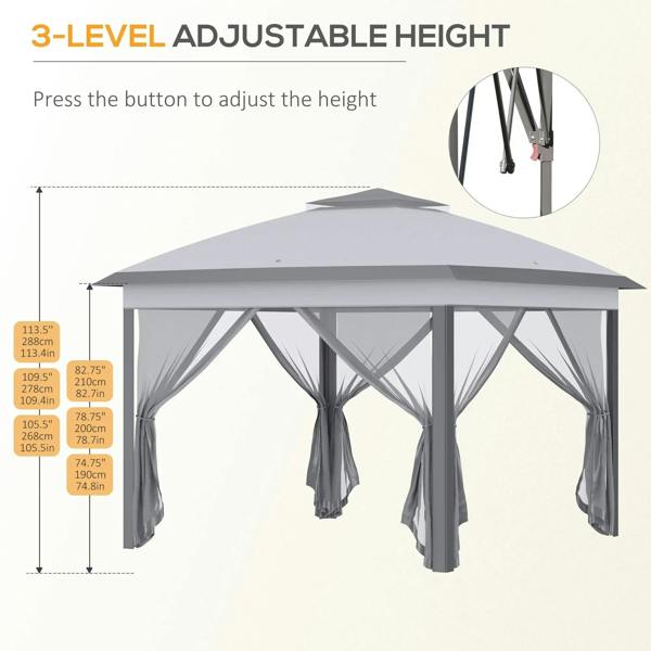 Grey pop-up gazebo with double roof and 3-level height-adjustable legs, mesh curtains