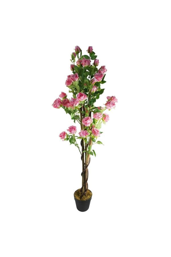 Dyzi 150cm Artificial Tree with Pink Silk Roses and Natural Wooden Trunk