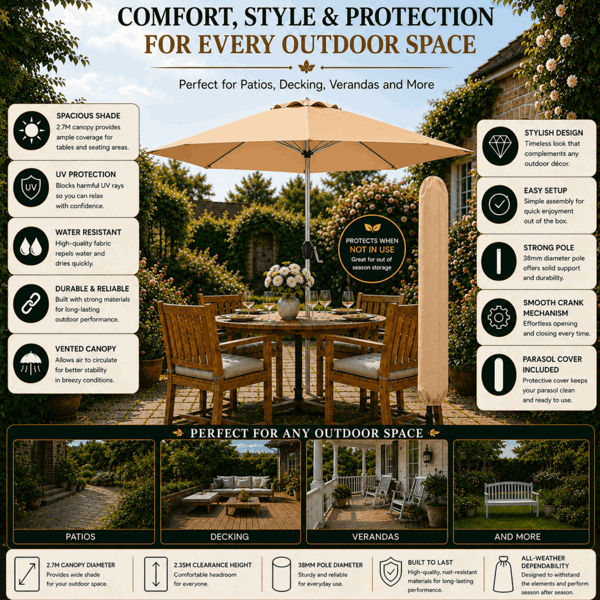 GlamHaus Tilting Garden Parasol Table Umbrella 2.7M with Crank Handle, UV40 Protection, Includes Protection Cover - Sand
