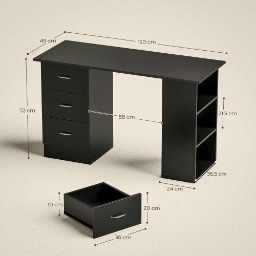 Wyld Haus Tonosa 120cm Wooden Black Study Desk With 3 Shelves And 3 Drawers