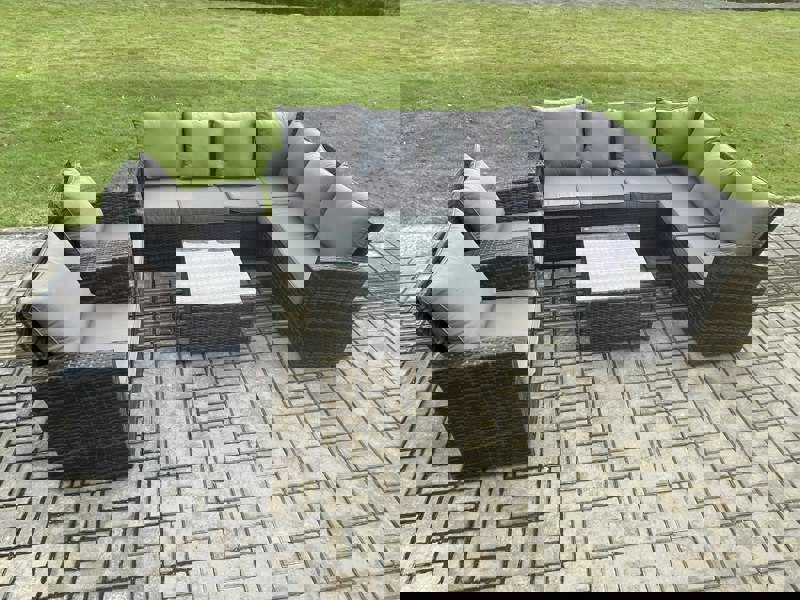 Fimous Rattan Garden Furniture Set Outdoor Lounge Corner Sofa Set With Square Coffee Table 2 Chairs 8 Seater Dark Grey Mixed