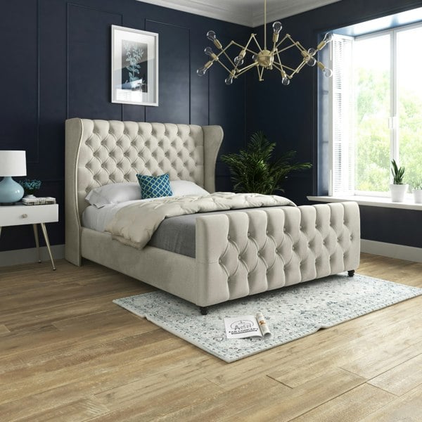 Casa Magna Donati Straight Curved Top Upholstered Soft Velvet Bed Frame - Cream