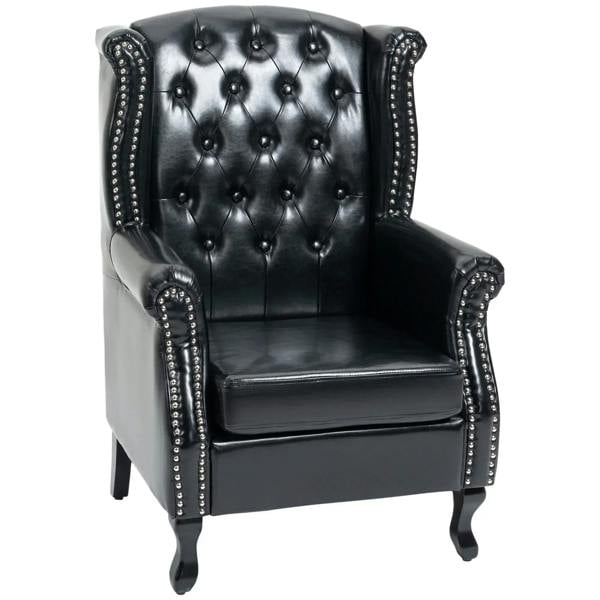 Black wingback accent chair with tufted back, studded nailhead trim, rolled arms
