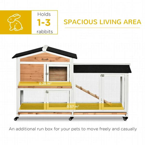 2-tier rabbit hutch with run, spacious view, white mesh, wood panels, black roof pads