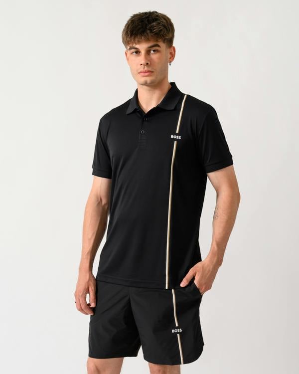 wide shot of a model wearing a BOSS Green TOC Game Mens Polo Shirt in Black 001