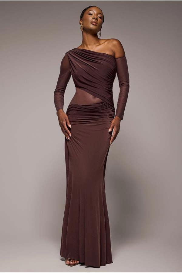 Gathered Cowl Asymmetric Mesh And Soft Touch Maxi Dress - Brown DR4800