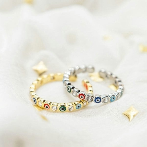 The Colourful Aura Adjustable Multicolour Minimalist Slim Stacking Evil Eye Band Ring