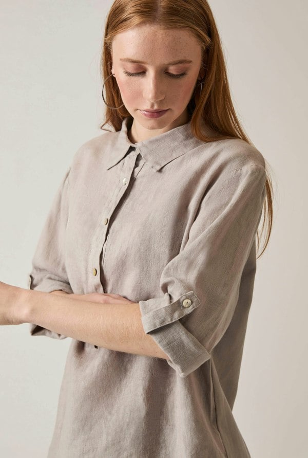 Taupe linen blouse with button front and roll tabs