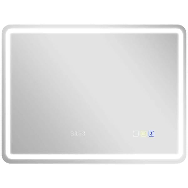 Silver-tone Bluetooth bathroom mirror, rectangular with LED touch control icons