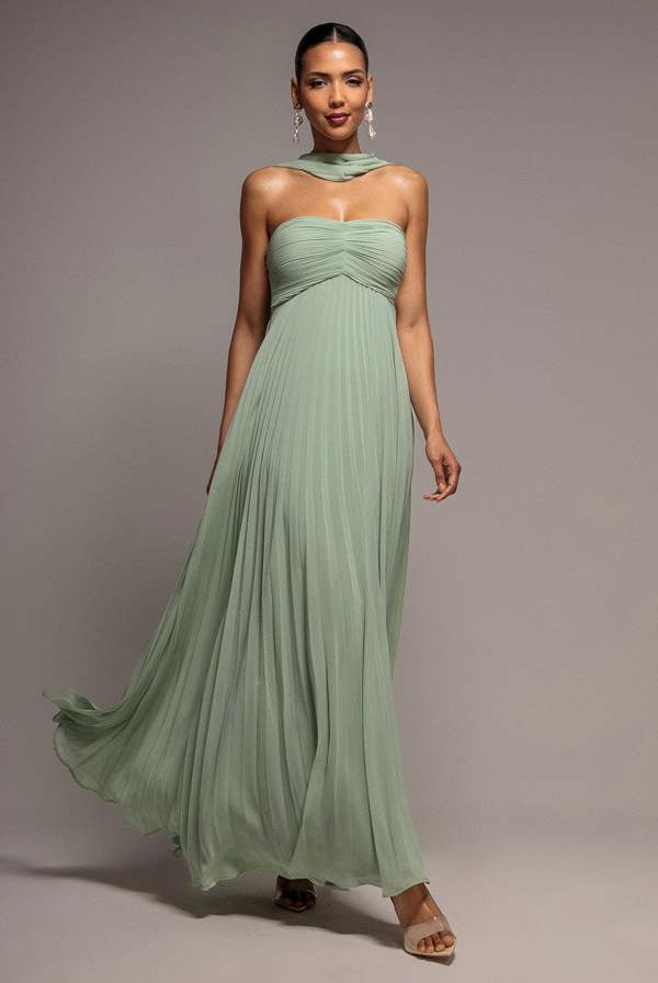 Sleeveless Pleated Chiffon Multiway Scarf Maxi Dress - Sage Green DR4829
