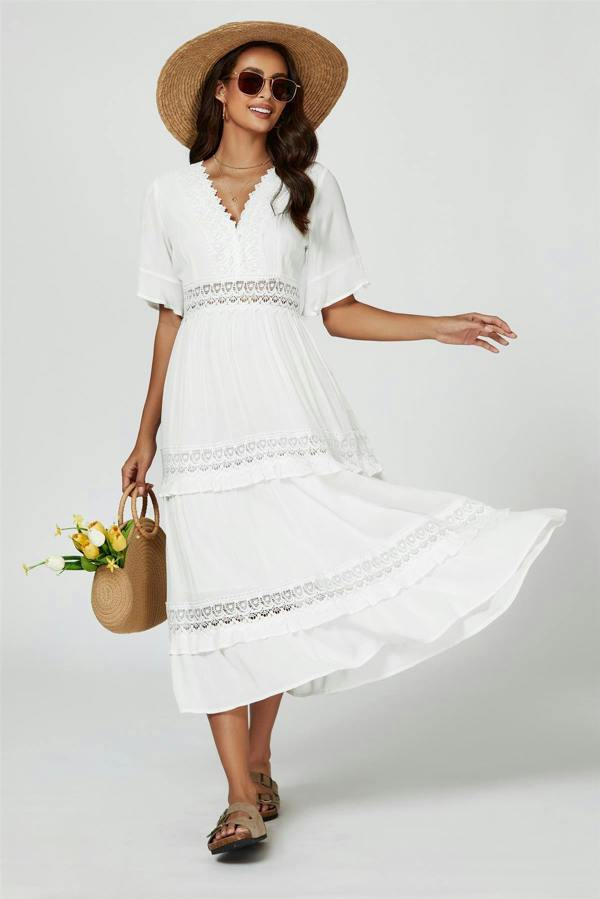 FS Collection V Neck Lace Detail Midi Dress In White